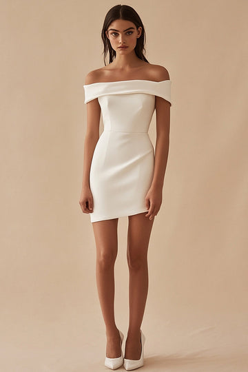 ZAPAKA Women Matte Satin White Short Graduation Dress Off the Shoulder Sheath Little White Dress